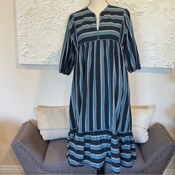 Saint Geraldine Polly Jean Midi Dress Stripes Pockets Flounce Hem Aqua Blue Sz S - Picture 2 of 9